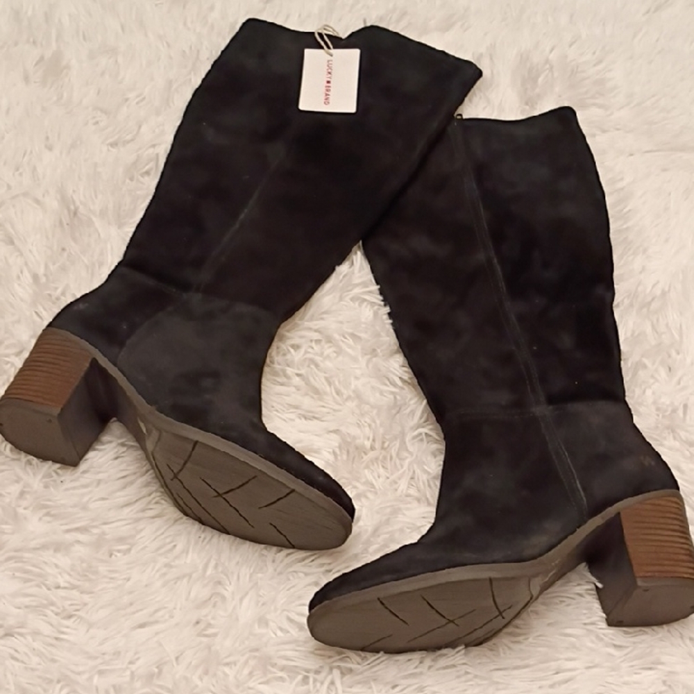 New Lucky Brand Bonnay Black Suede Knee-High Boots Size 7.5M Wide Calf